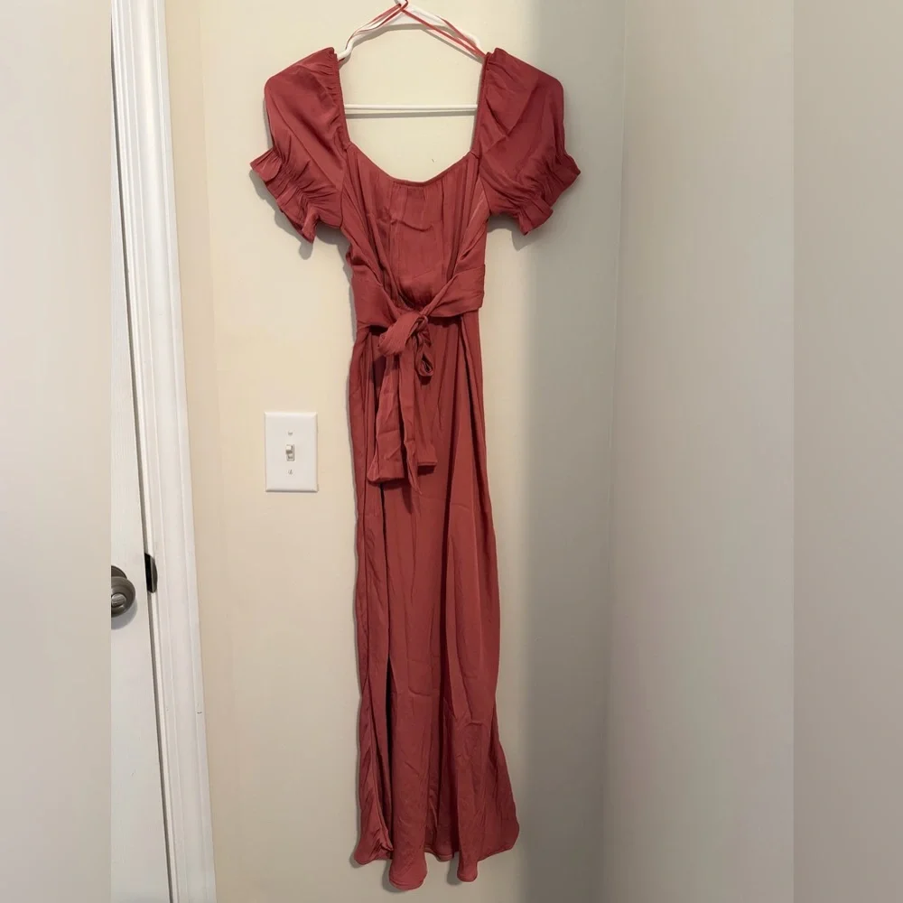 Trixxi Dusty Rose Silk Maxi Dress XS Puff Sleeve Elegant Formal